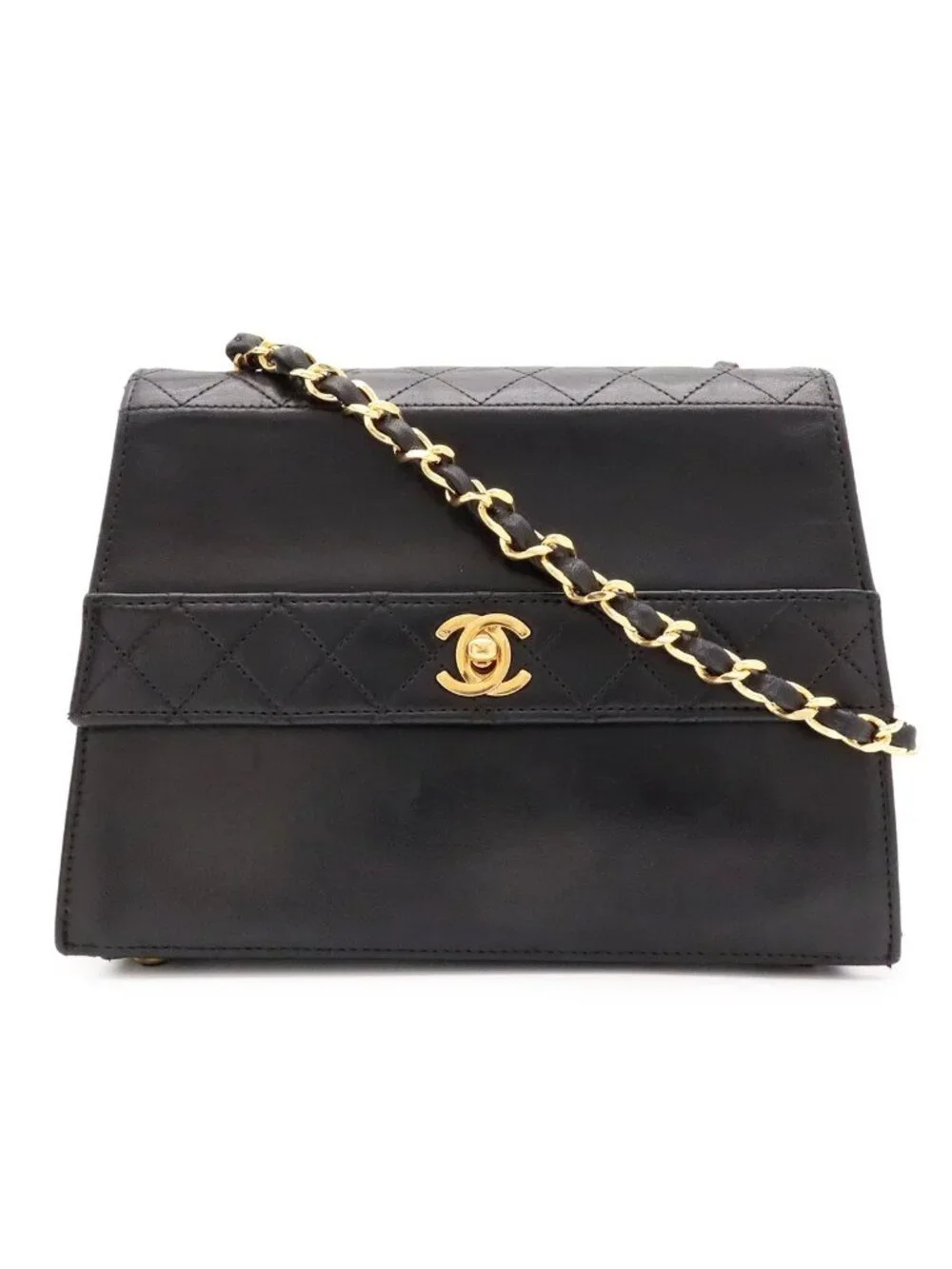 Chanel Quilted CC Logo Chain Shoulder Bag Pochette Leather Black Gold